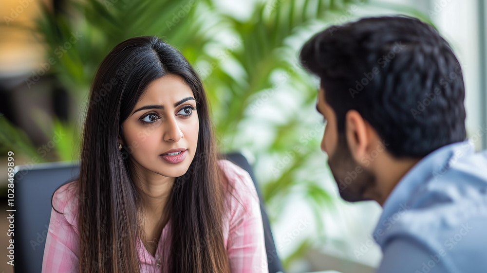 Serious Punjabi Couple Discussing in an Office. Serious Punjabi Couple Discussing in an Office.