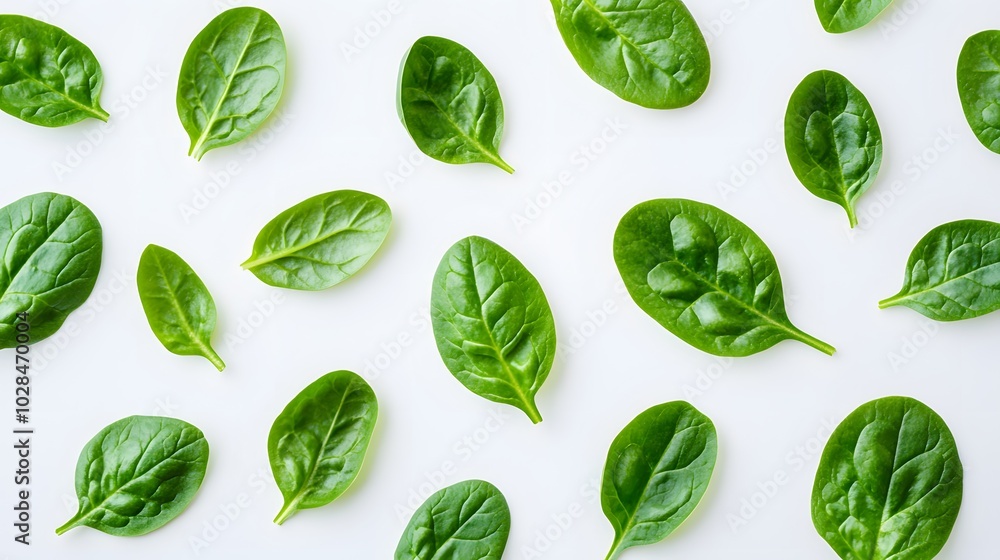 Fresh green healthy spinach on white background, top view. Fresh green healthy spinach on white background, top view.