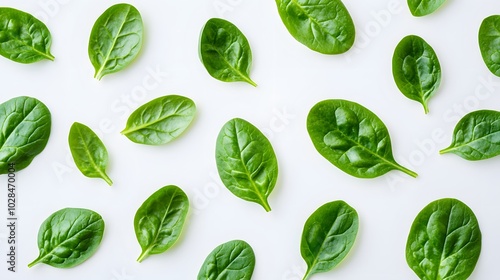 Fresh green healthy spinach on white background, top view. 