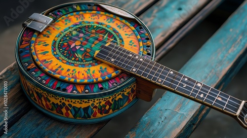 traditional banjo with a vibrant, multicolored design and a cheerful photo