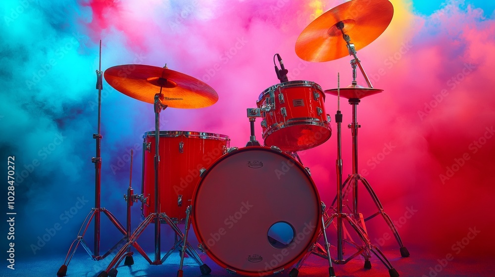 bright red drum set with colorful cymbals