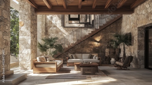 wooden and stone interieur of a villa