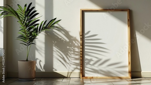 Minimalist frame mockup with potted plant in sunlight. Green foliage poster photoframe template advertising image. Calm simplicity pictureframe mock up product photorealistic