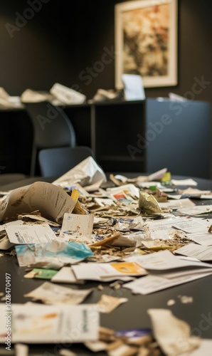 Torn documents on a black table.