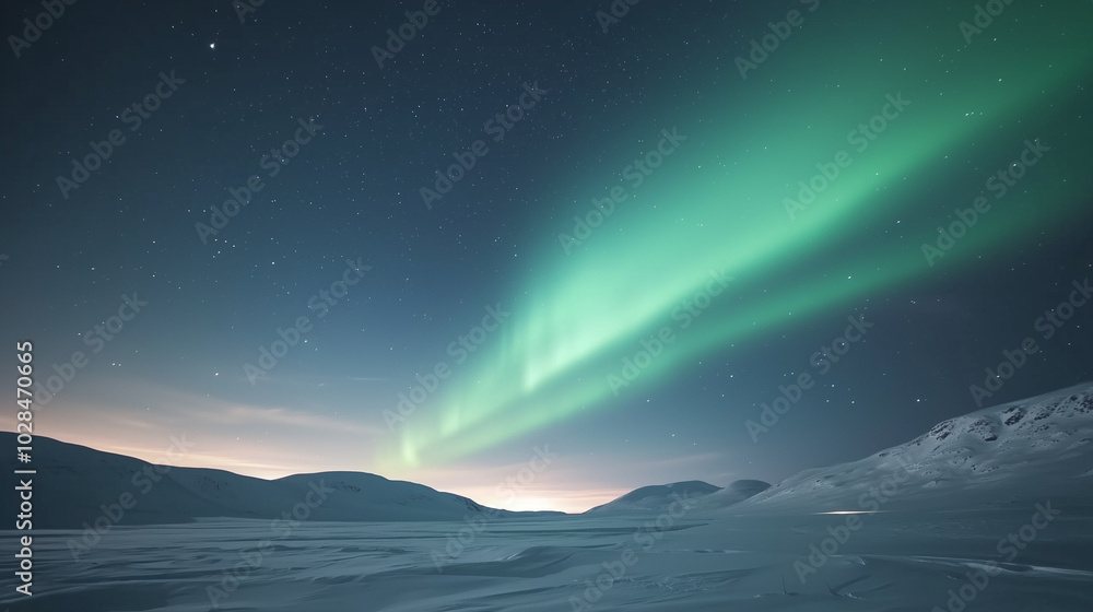 Aurora borealis illuminating a snowy landscape with vibrant green lights photo Aurora borealis illuminating a snowy landscape with vibrant green lights photo
