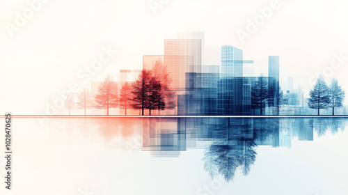 Abstract cityscape with red and blue tones.