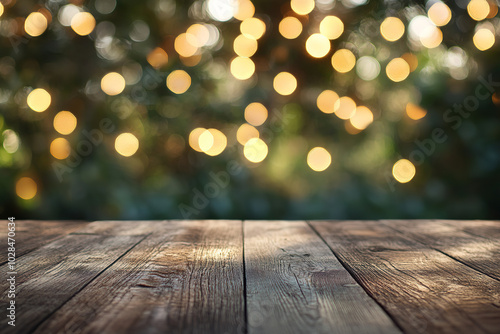 Christmas-Themed Background with Wooden Surface and Festive Lights