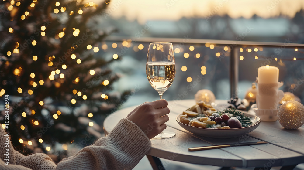 Obraz premium Traveler celebrating Christmas alone with a festive meal on a balcony photo