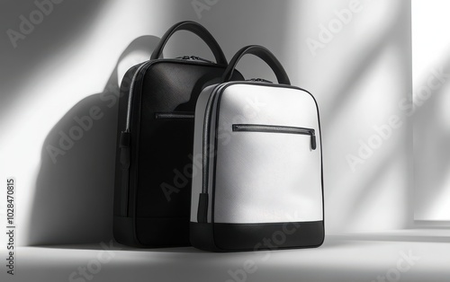 A contemporary 3D mockup of a school backpack in black and white, displayed from a front angle, highlighting its dual functionality as a travel bag photo