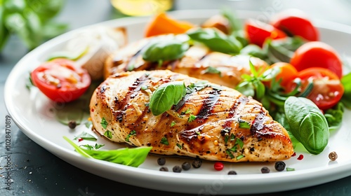 Grilled chicken breast with tomatoes and zucchini on a white plate.