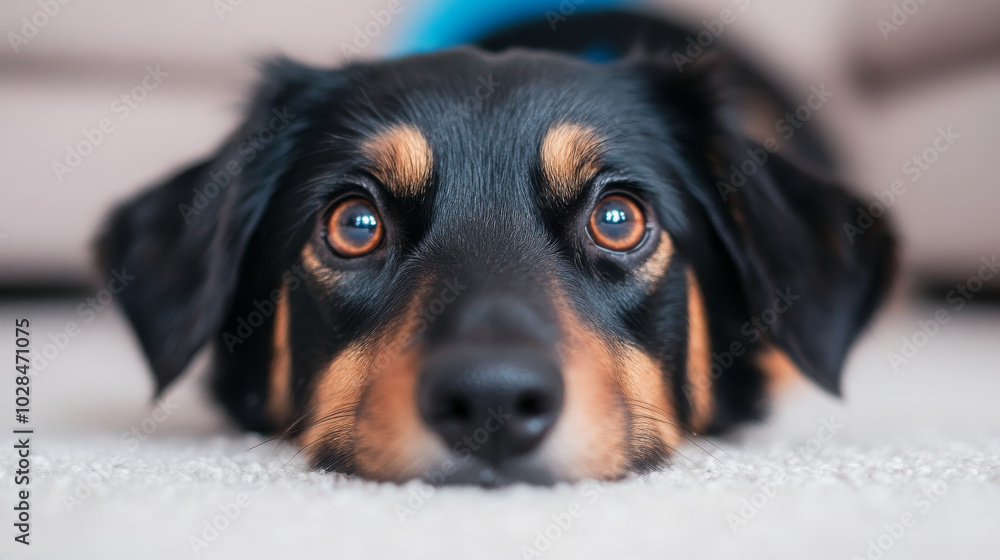 A black and brown dog with big, brown eyes looks up at the camera. A black and brown dog with big, brown eyes looks up at the camera.