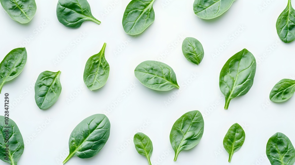 Fresh green healthy spinach on white background, top view. Fresh green healthy spinach on white background, top view.