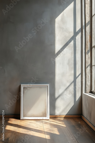 A white frame is placed on the floor of an old wooden room, bathed in sunlight from large windows. The walls have a rough concrete texture, and there is no furniture inside.