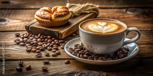 A steaming cappuccino adorned with heart-shaped latte art rests on a rustic wooden table, captured beautifully in a candid coffee photography moment.