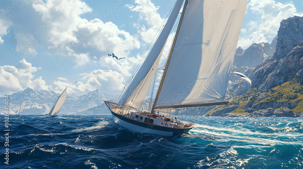 Fototapeta premium A beautiful sailboat racing in a regatta on the open sea.