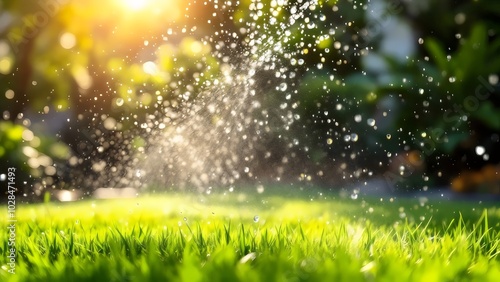 Sprinkler Spraying Water on Green Grass in a Sunny Backyard