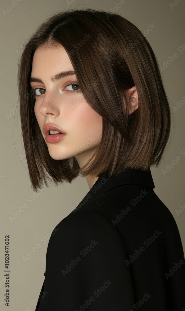 A woman with brown hair and a black jacket. A woman with brown hair and a black jacket.