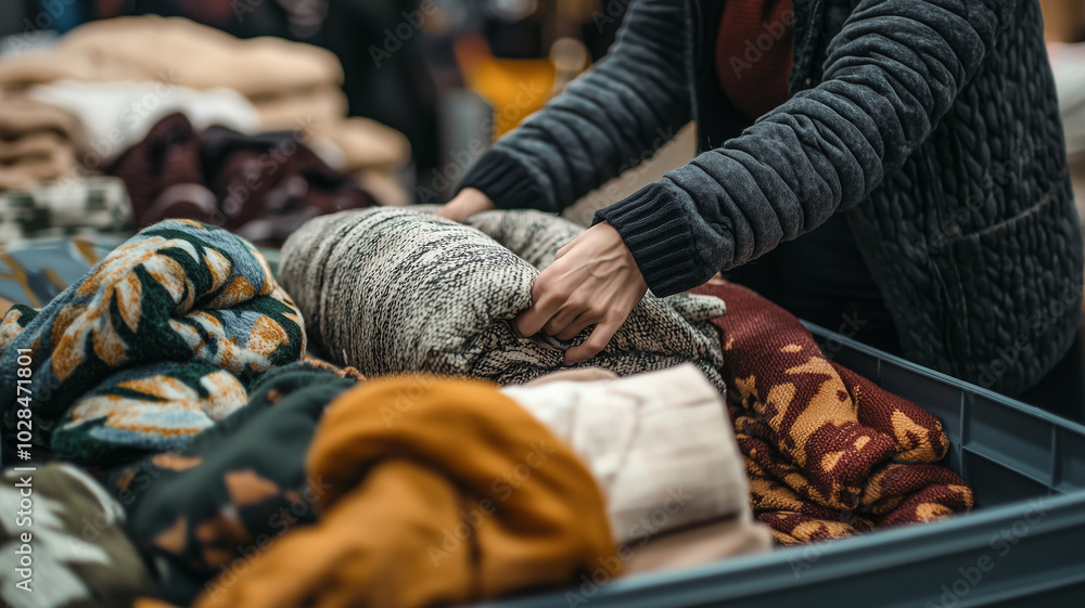 Woman Neatly Folding Blankets into a Donation Bin, Ready to Help Those in Need.