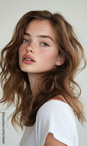 A young woman with brown hair and freckles.