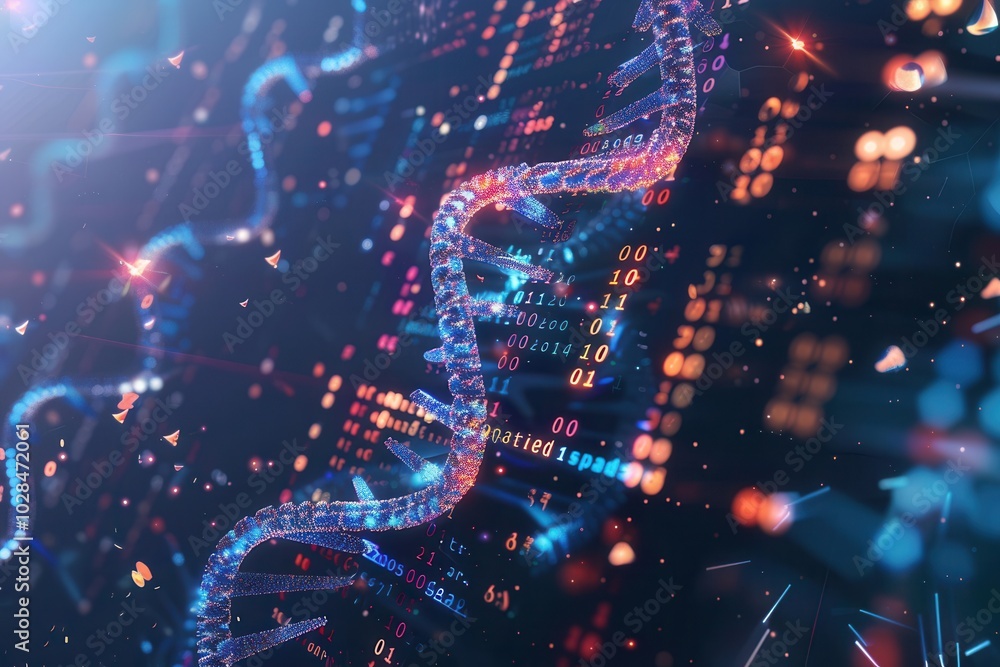 A detailed 3D representation of a DNA strand showcases an overlay of ...