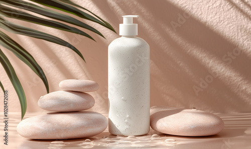 Shampoo or cream bottle arranged atmospheric stone with water drops. Product photography concept