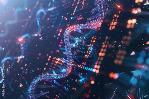 A detailed 3D representation of a DNA strand showcases an overlay of digital binary code and vibrant data streams, blending science and technology. Generative AI photo