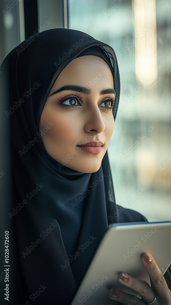 Arabian Businesswoman in Hijab, Preparing for Her Presentation While Gazing Outside. Arabian Businesswoman in Hijab, Preparing for Her Presentation While Gazing Outside.