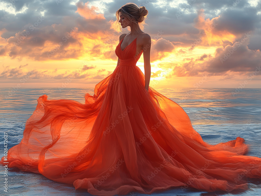 Elegant Woman in Flowing Red Gown at Ocean Sunset
Elegant Woman in Flowing Red Gown at Ocean Sunset
