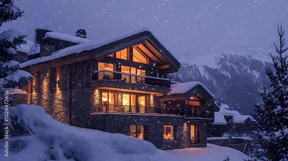 Fototapeta premium A luxury ski chalet at dusk with lights glowing warmly in the windows snow falling gently.