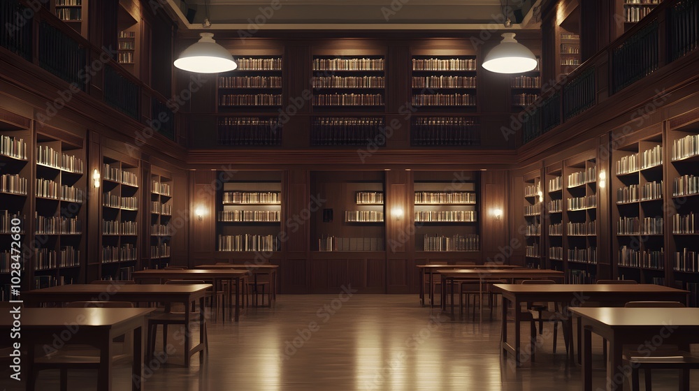 25. A quiet library with tall bookshelves, empty tables, and soft lighting 25. A quiet library with tall bookshelves, empty tables, and soft lighting