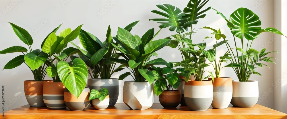 Collection of Houseplants in Decorative Pots on a Wooden Table Collection of Houseplants in Decorative Pots on a Wooden Table