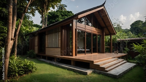 AI-Generated Image of Minimalist Modern Wooden House in the nature.