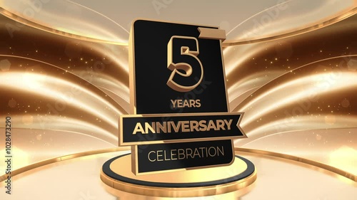 5 years, 5th anniversary logo loop, looped video background, backdrop in 3D Gold 