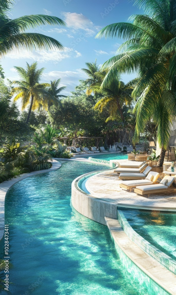 Obraz premium Palm trees, lounge chairs, and a winding pool.