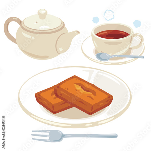 皿に盛られたフィナンシェと紅茶セット