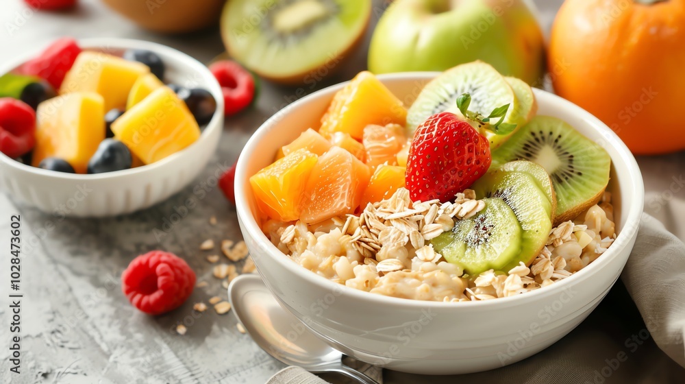 A bowl of oatmeal with fruit, including kiwi, peach, strawberries, and blueberries, a healthy breakfast. A bowl of oatmeal with fruit, including kiwi, peach, strawberries, and blueberries, a healthy breakfast.