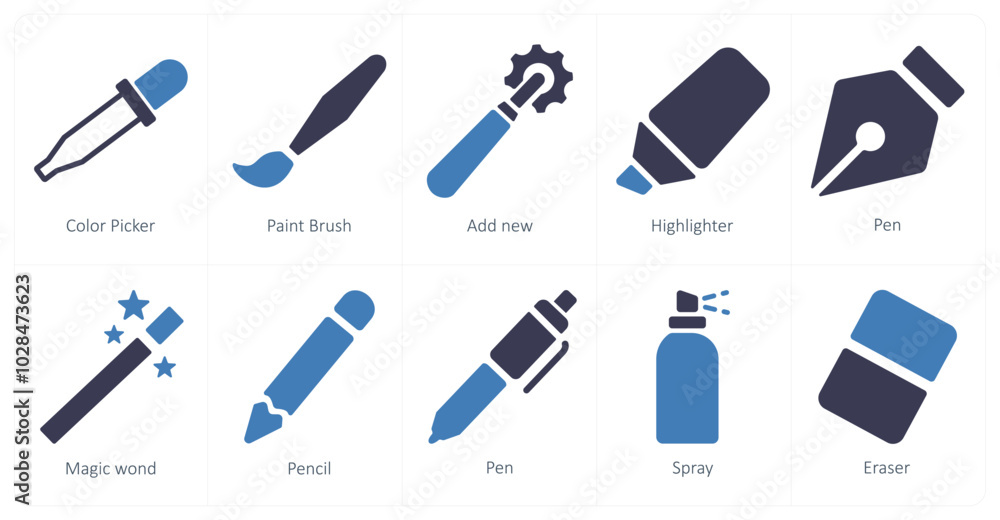 A set of 10 editing tools icons as color picker, paint brush, add new A set of 10 editing tools icons as color picker, paint brush, add new