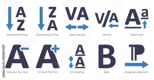 A set of 10 editing tools icons as ascending sorting, descending sorting, letter spacing