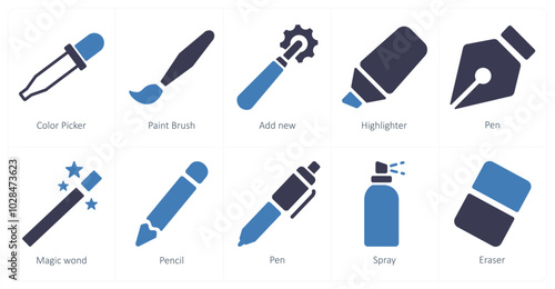 A set of 10 editing tools icons as color picker, paint brush, add new