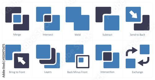 A set of 10 editing tools icons as merge, intersect, weld