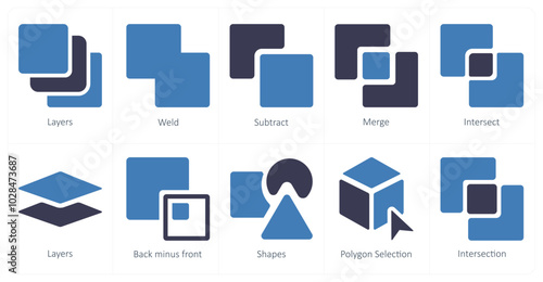 A set of 10 editing tools icons as layers, weld, subtract
