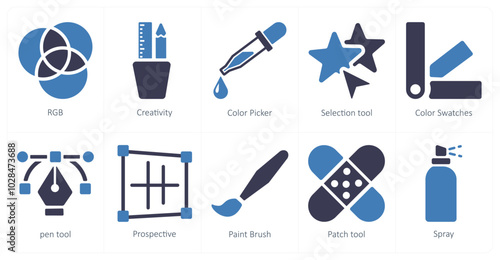 A set of 10 editing tools icons as rgb, creativity, color picker