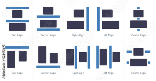 A set of 10 editing tools icons as top align, bottom align, right align
