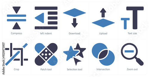 A set of 10 editing tools icons as compress, left indent, download