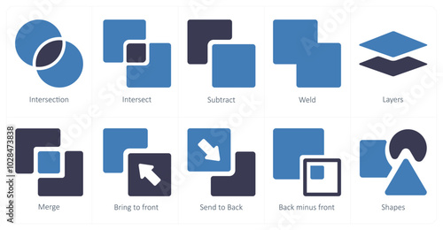 A set of 10 editing tools icons as intersection, intersect, subtract