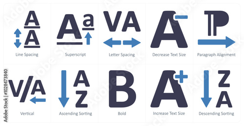 A set of 10 editing tools icons as line spacing, superscript, letter spacing