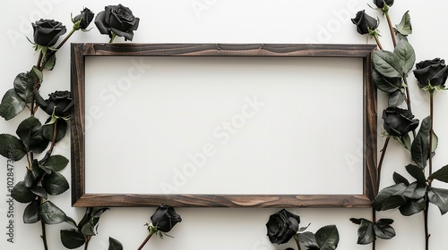Rustic wooden frame mockup bordered by black roses arranged symmetrically. Funeral mourning border template advertising image. Bereavement obituary photoframe mock up photorealistic