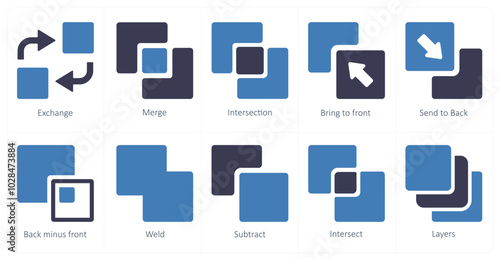 A set of 10 editing tools icons as exchange, merge, intersection