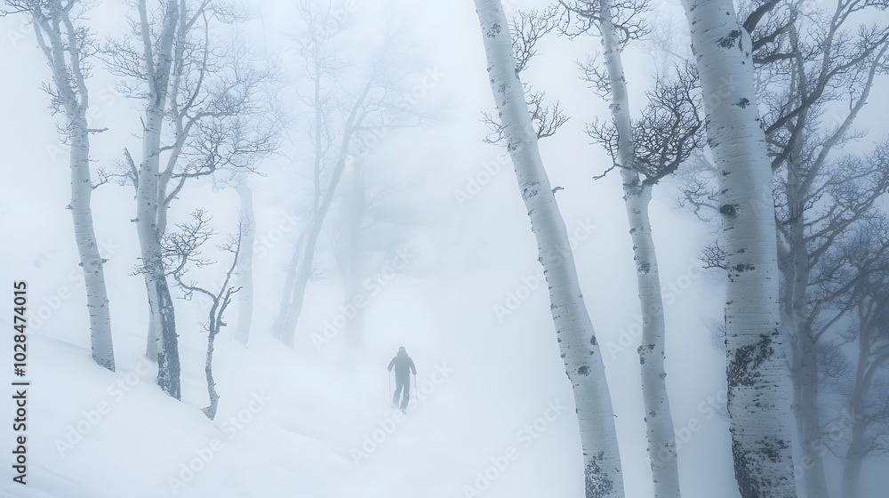A skier descending through deep fog barely visible among the trees. A skier descending through deep fog barely visible among the trees.