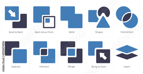 A set of 10 editing tools icons as send to back, back minus front, weld